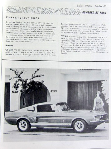 Couverture de 1967-10 FORD MUSTANG SHELBY GT 350 / GT 500 PROSPECTUS EN FRANCAIS