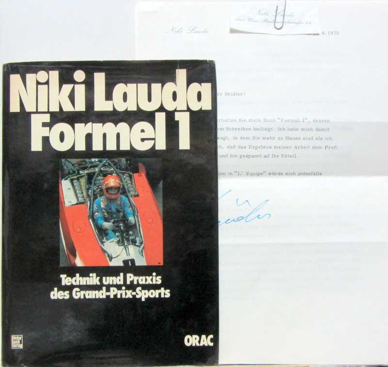 Couverture de NIKI LAUDA TECHNICK UND PRAXIS DES GRANDS PRIX SPORTS AVEC UNE LETTRE DE LAUDA SIGNEE PAR LUI POUR E SEIDLER DIRECTEUR DU JOURNAL L'EQUIPE + SON ADRESSE PERSONELLE ET UN DESCRIPTIF DU LIVRE EN 3 PAGES EN ALLEMAND