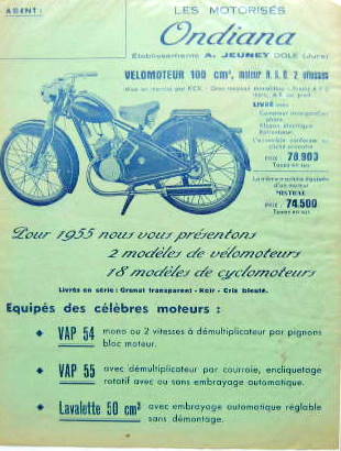 Couverture de 1955 ONDIANA GAMME DES CYCLOMOTEURS