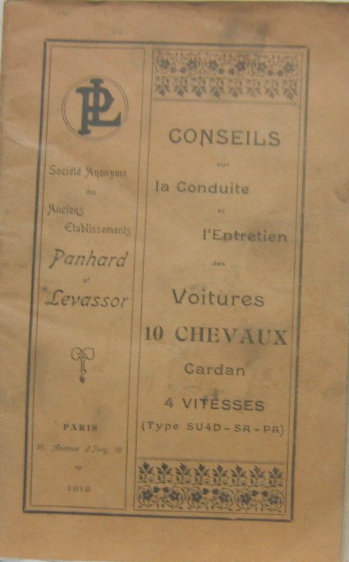 Couverture de PANHARD 1912 10 CV TYPE SU4D-SA-PA
 LIVRET D'ENTRETIEN