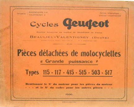 Couverture de 1936 PEUGEOT MOTO DE GRANDE PUISSANCE TYPE 115-117-415-515-503-517 CATALOGUE DE PIECES DETACHEES EN COPIES RELIEES