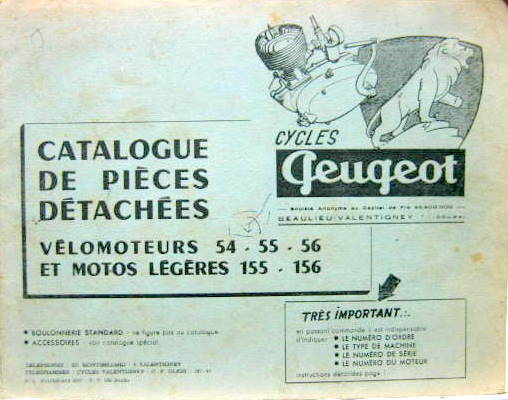 Couverture de PEUGEOT MOTO 125 CM3 TYPE 54-55-56-155-156 CATALOGUE DES PIECES DETACHEES