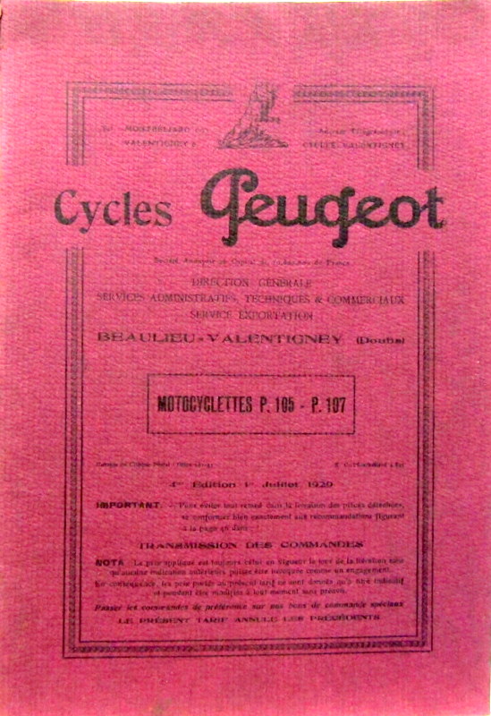 Couverture de 1929 MOTO PEUGEOT 350 CM3 P 105 P 107 CATALOGUE DE PIECES DETACHEES