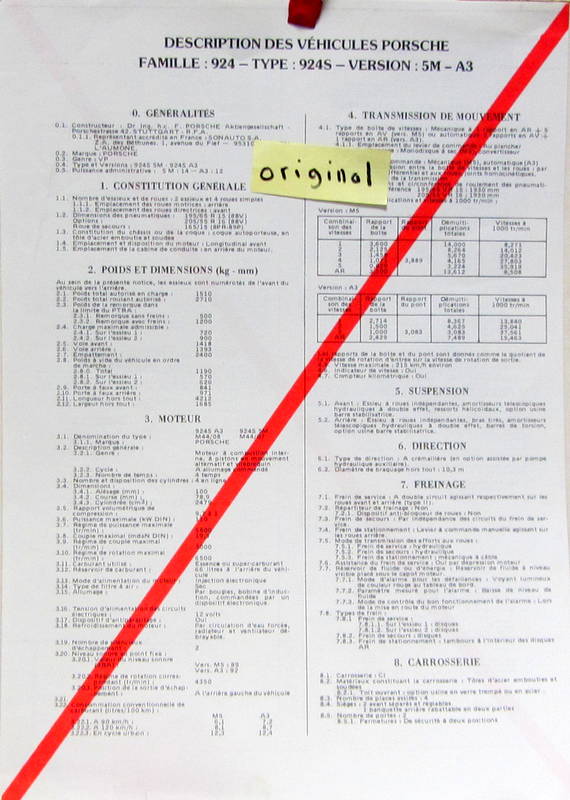 Couverture de 1985 PORSCHE 924 924S VERSION 5M-A3 FEUILLE DES MINES ORIGINALE