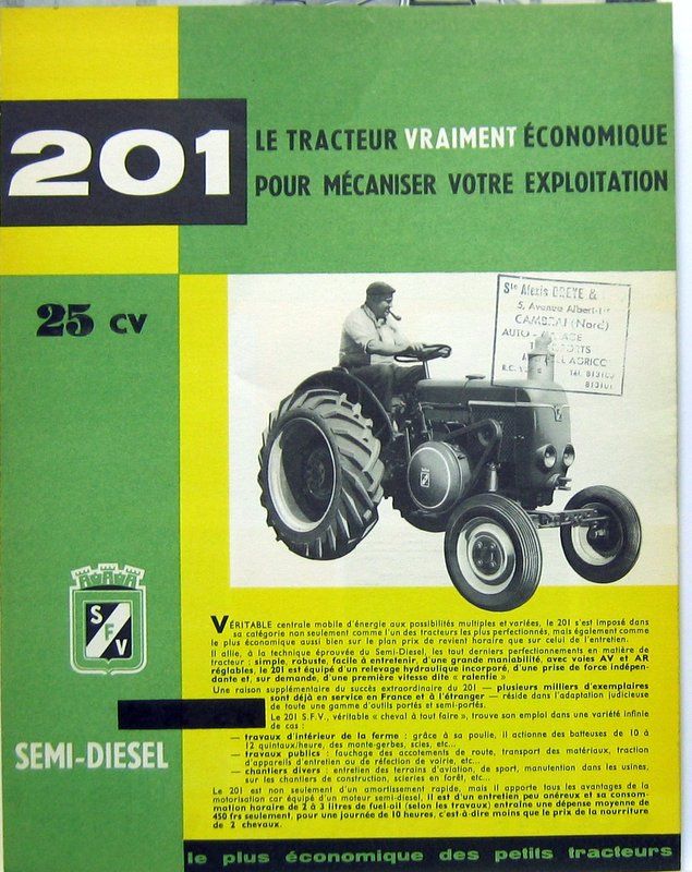 Couverture de TRACTEUR SOCIETE FRANCAISE DE VIERZON 
TYPE 201 SEMI DIESEL 25 CH