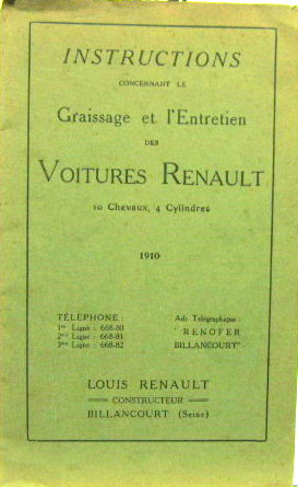 Couverture de 1910 RENAULT 4 CYLINDRES 10 HP LIVRET D'ENTRETIEN