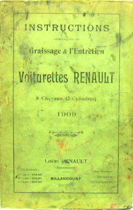 Couverture de 1909 RENAULT 2 CYLINDRES 8 HP LIVRET D'ENTRETIEN