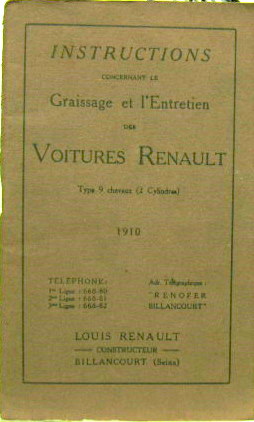 Couverture de 1910 RENAULT 2 CYLINDRES 9 HP LIVRET D'ENTRETIEN