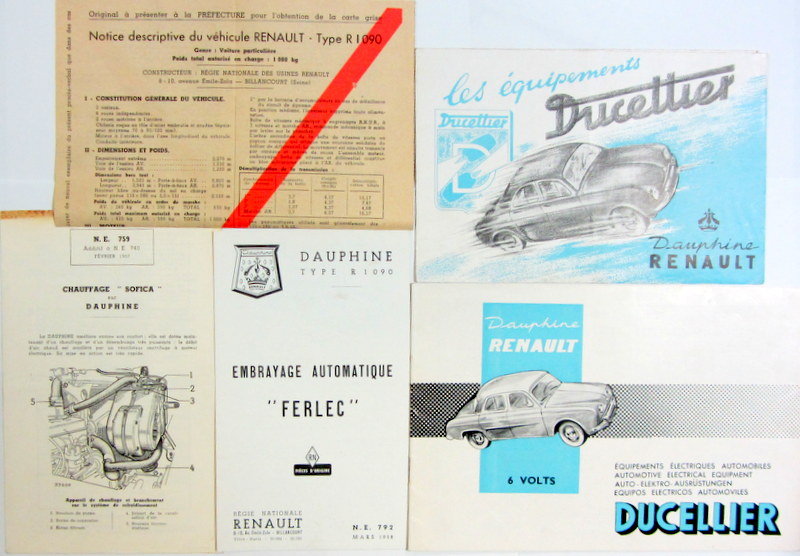 Couverture de RENAULT DAUPHINE FEUILLE DES MINES - EQUIPEMENT DUCELLIER - CHAUFFAGE SOFICA - EMBRAYAGE AUTOMATIQUE FERLEC - EQUIPEMENT DUCELLIER 6 VOLTS CATALOGUE
