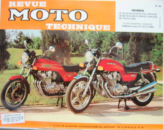 Couverture de 38 HONDA CB 750 KZ-KA-FA-FB-FC-F2C (1979 A 82) CB 900 FZ-FA-FB-FC-F2B-F2C (1979 A 82) CB1100 FD 1983 FICHE DE PREMIERE URGENCE YAMAHA CROSS YZ 125 G DE 1980