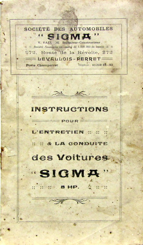 Couverture de SIGMA LIVRET D'ENTRETIEN 8 HP A LEVALLOIS PERRET