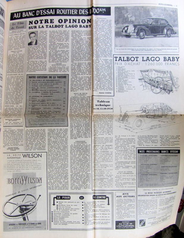 Couverture de 1950 TALBOT LAGO BABY  ESSAI D'EPOQUE REVUE ORIGINALE COMPLETE AUTO JOURNAL