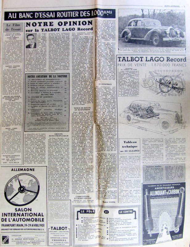 Couverture de 1951 TALBOT RECORD  ESSAI D'EPOQUE REVUE ORIGINALE COMPLETE AUTO JOURNAL