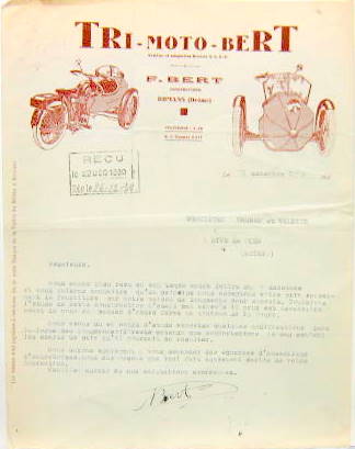 Couverture de TRI MOTO BERT A ROMANS DANS LA DROME LETTRE A ENTETE DE 1930 SIGNEE BERT