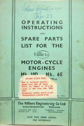 Couverture de 1949 VILLIERS MOTOR MK 10D 125 CC ET MK 6E 197 CC OPERATING INSTRUCTIONS AND SPARE PARTS EN ANGLAIS