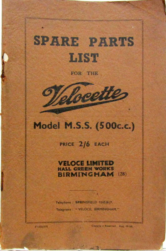 Couverture de 1948 VELOCETTE MODEL MSS 500 CC CATALOGUE DE PIECES DETACHEES EN ANGLAIS