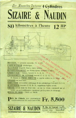 Couverture de SIZAIRE ET NAUDIN 12 HP 4 CYLINDRES A PARIS CATALOGUE