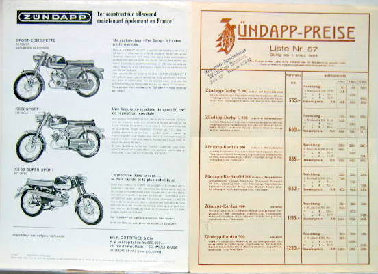 Couverture de ZUNDAPP TARIF DE 1934 EN ALLEMAND ET GAMME AVEC SPORT COMBINETTE ET KS 50 PROSPECTUS